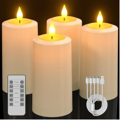 SoulBay uzlādējamas sveces, D 7 x H 13 cm, ūdensizturīgas āra LED sveces ar taimeri un tālvadības pulti, 4 elektrisko svecīšu komplekts ar USB kabeli dārza laternām āra telpām