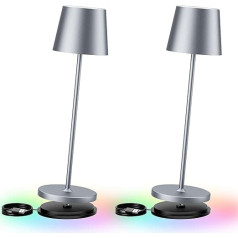 brightower 2 LED galda lampu komplekts ar baterijām, bezvadu, bezvadu, dimmējama galda lampa ar USB uzlādes staciju, silti balta un 8 RGB krāsas, āra galda lampa, alumīnija, IP54 ūdensizturīga, sudrabaini pelēka krāsa