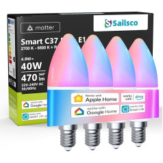 Sailsco Matter E14 viedās spuldzes, C37 Alexa viedās kandelabru spuldzes, 40W ekvivalents, 2700K-6500K, aptumšojamas, RGBCW, C37 spuldzes Alexa/Google Home/Homekit, 2,4GHz WiFi, 4 gab.