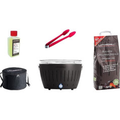 LotusGrill starta komplekts - 1 x grils ar USB savienojumu, 1 x dižskābarža kokogles 1 kg, 1 x kurināmā pasta 200 ml, 1 x desu knaibles, ugunīgi sarkanas, 1 x pārnēsājamā soma - zema dūmainības pakāpes kokogļu grils.