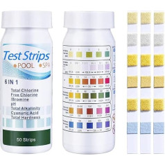 6 in 1 Pool Test Strips PH, Pack of 100 Water Test Strips, Spa Whirlpool Test Strips, Pool Test Strips, Pool Tester PH and Chlorine, Pool Tester Water Tester, for Total Hardness, Free Chlorine, Total