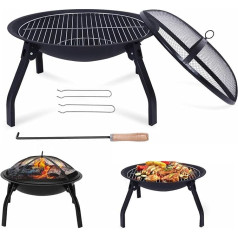 Ugunskura trauks ar dzirksteļsargu un malkas grilu, salokāms, diametrs 55 cm, pārnēsājams ugunskura katls kempingam, ugunskuram, grilēšanai, apsildīšanai