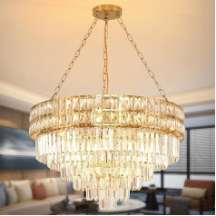 AOOCHOK Modern Crystal Pendant Light Zelta lustra, ovāla kristāla piekaramā gaisma, piekaramā lampa viesistabai, ēdamistabai, guļamistabai, restorānam, E14 x 15, diametrs 75 cm