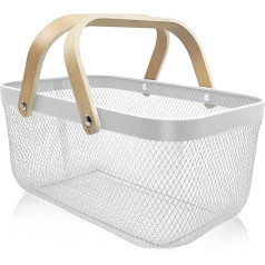 Picnic Harvest Basket: Metal Mesh Steel Garden Vegetable Storage Organizer - Multifunctional Hanging Kitchen Baskets with Wooden and Bamboo Handles - Ideal for Kitchen, Bathroom, Pantry (White)