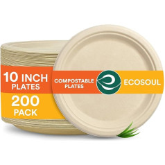 ECO SOUL apaļu 10 collu (25 cm) bagases papīra šķīvju komplekts bēšs (200 gab.) Vienreizlietojamie trauki un 100 % kompostējami, videi draudzīgi ballīšu trauki, izturīgi kempinga trauki, mikroviļņu krāsns un