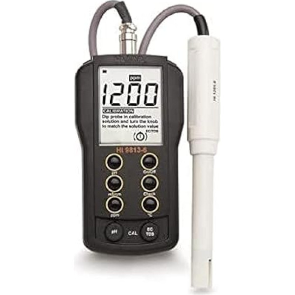 PH/EC/TDS/C mērītājs (4,00 MS/cm, 99 mg/L (ppm), Clean & Cal Probe Hi 1285 6 1 m kabelis, Din, kalibrēšanas ieliktnis, akumulators