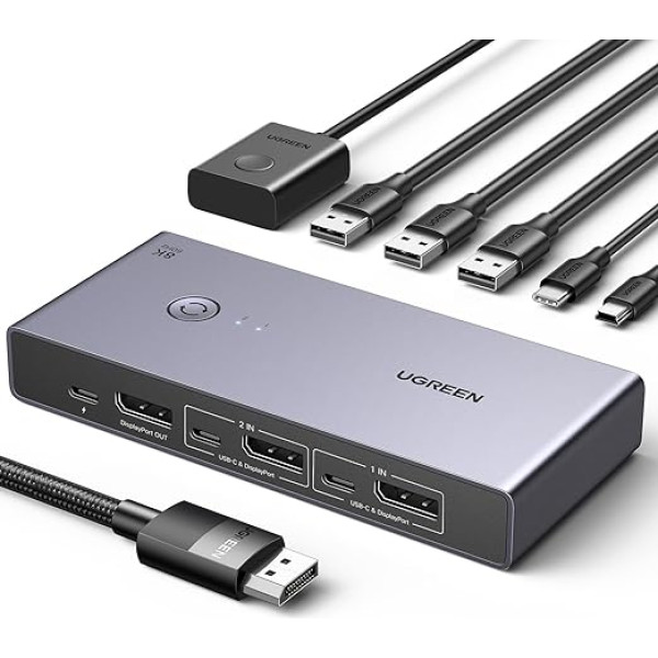 UGREEN 8K @ 60Hz Displayport KVM slēdzis, DP 1.4 KVM slēdzis, KVM slēdzis 2 PC 1 monitoram, 4K @ 240Hz, 4 portu USB slēdzis, KVM slēdzis USB C, 4 portu USB slēdzis tastatūrai, pelei, cietajam diskam, printerim un