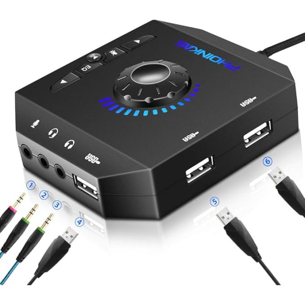 Ārējā skaņas karte, PHOINIKAS T10 USB audio adapteris PC Windows, Mac, Linux, klēpjdatoriem, galddatoriem, stereo skaņas karte ar 3,5 mm interfeisu un USB interfeisu, Plug & Play (6-in-1, melns)