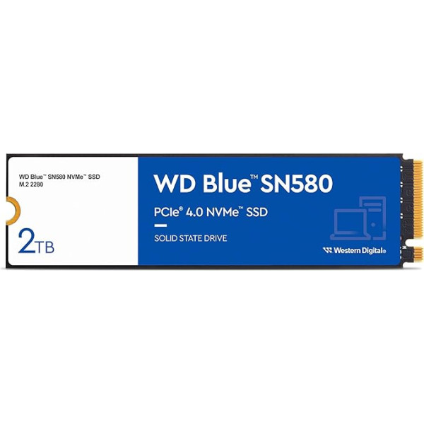 WD Blue SN580 NVMe SSD 2 TB (PCIe Gen4 x4, līdz 4150 MB/s lasīšanai, M.2 2280, nCache 4.0 tehnoloģija) - zils