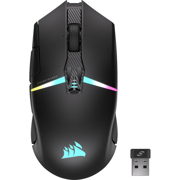 CORSAIR NIGHTSABRE bezvadu RGB FPS/MOBA spēļu pele - 26 000 DPI - 11 programmējamas pogas - akumulatora darbības laiks līdz 100 stundām - saderīga ar iCUE - PC, PS5, PS4, Xbox - melna