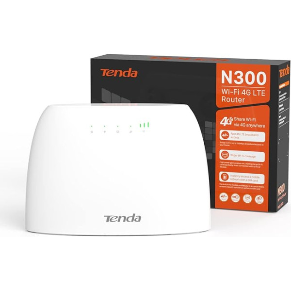 Tenda 4G03 4G LTE maršrutētājs, WLAN maršrutētājs SIM kartēm (CAT4, 150 Mb/s lejupielādē, 300 Mb/s 2,4 GHz), 2 Fast Ethernet porti, Plug & Play, APP, IPv6, viesu tīkls, datu plūsmas uzraudzība, balts