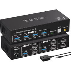 VPFET 4K120Hz HDMI KVM slēdzis 2 datoriem 2 monitoriem 8K60Hz KVM slēdzis HDMI 2 datoriem 2 monitoriem ar 4 USB 3.0 pieslēgvietām Atbalsta kopēšanu un paplašinātu displeju un darbvirsmas vadību