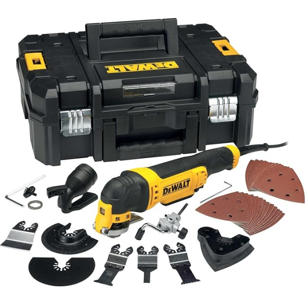 Dewalt 300 W izciļierendes Multi-Tool DWE315KT (stufenlos regulierbare Geschwindigkeit, werkzeugloser Zubehörwechsel, LED-Leuchte, Staubabsaugung, inkl. 37-tlg. Zubehör Set, T-STAK-Box)