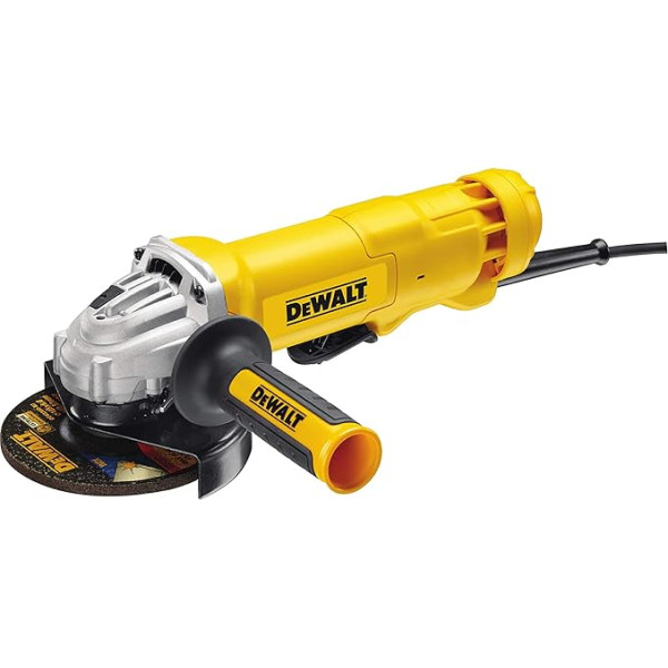 DeWalt DWE4233-QS slīpmašīna Ø 125 mm, 1400 W, kabeļa lāpstiņu slēdzis, tukšgaitas ātrums 11500 apgr./min, M14, aizsardzība pret vibrāciju un sānu rokturis ar vairākām pozīcijām.