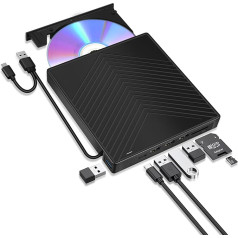 ARyee 7 in 1 ārējais CD DVD disks, CD ierakstīšanas kompaktdisku lasītājs, USB 3.0 ar 4 USB pieslēgvietām un 2 TF/SD karšu slotiem, plāns optiskais USB CD disks PC Windows 11/10/8 portatīvajam datoram Mac Linux OS