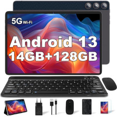 DMOAO Planšetdators 10 Zoll ar 14 GB RAM 128 GB ROM, Android 13 Tablet ar tastatūru, Octa-Core 1 TB Erweitert, 5G WiFi, Kamera 8 MP + 5 MP, 8000 mAh, BT5.0/GPS/OTG, Metallgrau