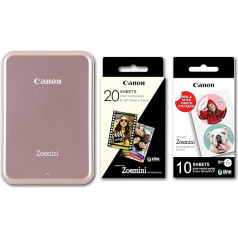 Canon Zoemini mini drukāšanas komplekts, fotoprinteris + fotopapīrs, 20 x ZINK ZP-2030 + 10 apļu uzlīmes (mobilā tūlītēja drukāšana, Bluetooth, 5 x 7,5 cm fotoattēli, akumulators, bez tintes, iOS, Android, drukāšanas lietotne), rozā zelts