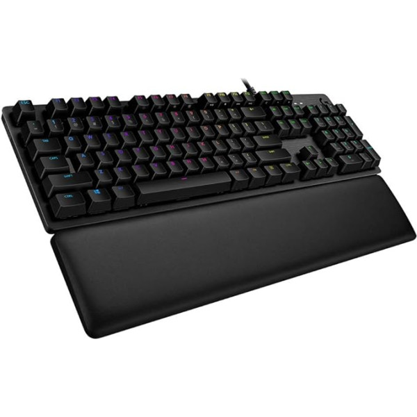 Logitech G513 mehāniskā spēļu klaviatūra, GX-Brown taktilo slēdži, RGB apgaismojums, USB caurlaides cilpa, plaukstas balsts ar atmiņas putām, alumīnija korpuss, vācu QWERTY izkārtojums, melna krāsa