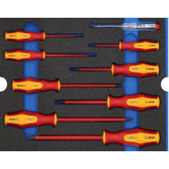 VDE skrūvgriežu komplekts, ieskaitot sprieguma testeri 9 gab. elektrotehnikas instrumentu komplekts putu ieliktnī Darbnīcas aprīkojums rokas darbarīkiem Modulis 6110 WGB