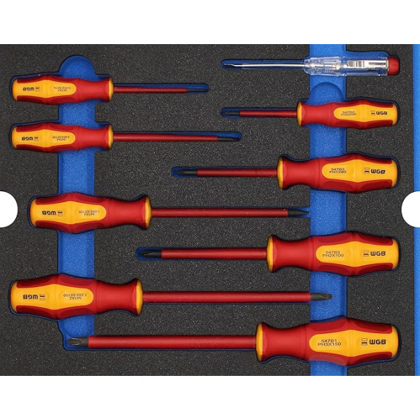 VDE skrūvgriežu komplekts, ieskaitot sprieguma testeri 9 gab. elektrotehnikas instrumentu komplekts putu ieliktnī Darbnīcas aprīkojums rokas darbarīkiem Modulis 6110 WGB