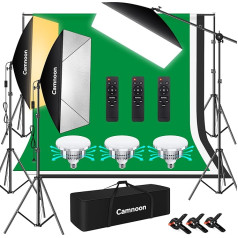 Softbox Set, Camnoon Photo Studio Light Set with 3 Softboxes, 3 x 85 W 2800 K-5700 K Bi-Colour Temperature LED Light, 3 Background Fabric, Boom Arm, Stand, Carry Bag, for Product Photography/Live