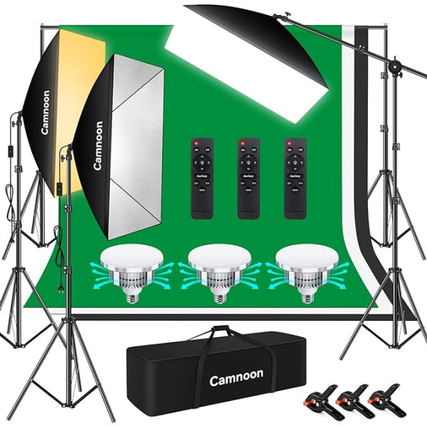 Softboksa komplekts, Camnoon fotostudijas gaismu komplekts ar 3 softboksu, 3 x 85 W 2800 K-5700 K divkrāsu temperatūras LED gaismu, 3 fona auduma, Boom arm, statīvs, somiņa, produktu fotogrāfijai/dzīvai fotogrāfijai