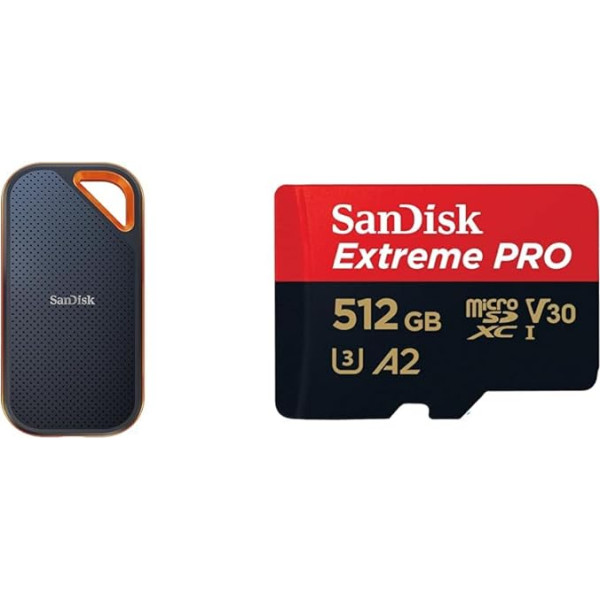 SanDisk Extreme PRO Portable SSD ārējais SSD 2 TB un Extreme PRO microSDXC UHS-I atmiņas karte 512 GB + adapteris un RescuePRO Deluxe