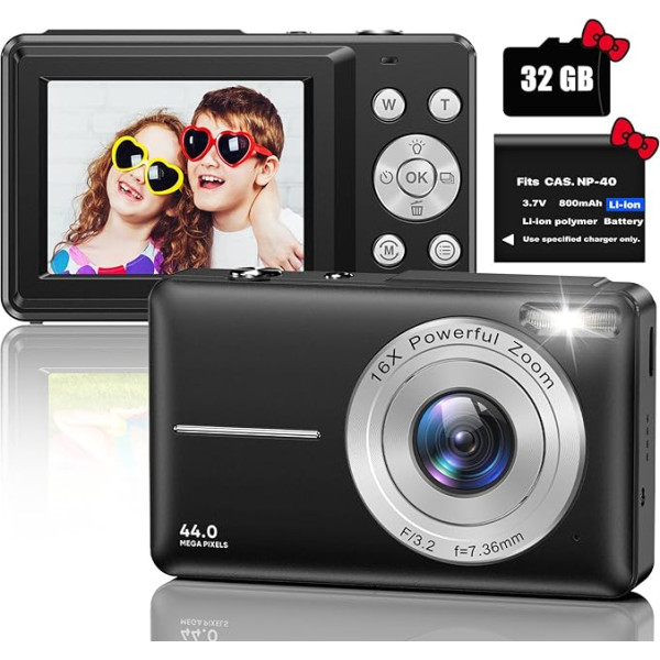 Digitālā kamera, kompaktā kamera ar 32 GB SD karti, 1080P 44MP mini digitālās kameras, 2,5 collu LCD uzlādējams digitālais fotoaparāts ar 16X digitālo tālummaiņu bērniem, pieaugušajiem, zēniem, meitenēm (melns)