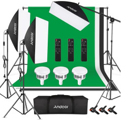 Andoer Softboksa fotostudijas komplekts ar zaļo ekrānu, 2 x 3 m fotostudijas fona sistēma ar 3 softboksa kastēm, 3 x 85 W 2800 K - 5700 K fotolampas video ierakstīšanai, portretu fotogrāfijai