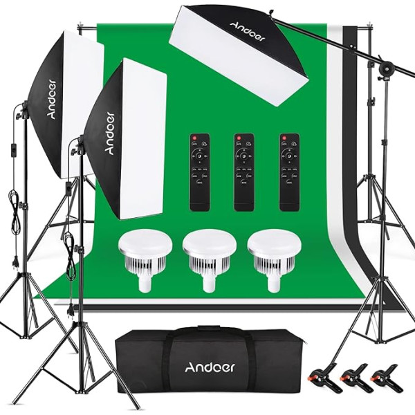 Andoer Softboksa fotostudijas komplekts ar zaļo ekrānu, 2 x 3 m fotostudijas fona sistēma ar 3 softboksa kastēm, 3 x 85 W 2800 K - 5700 K fotolampas video ierakstīšanai, portretu fotogrāfijai