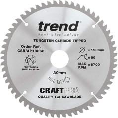 Trend Aluminium & Kunststoff Kreissägeblatt, 190 mm Durchmesser, 30 mm Bohrung, 60 Zähne, HW, 2,8 mm Schnittbreite, -6° Haken, CSB/AP19060