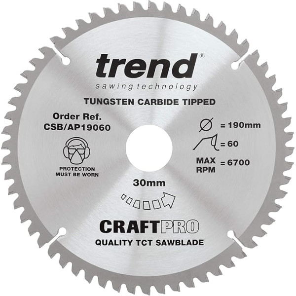 Trend Aluminium & Kunststoff Kreissägeblatt, 190mm Durchmesser, 30mm Bohrung, 60 Zähne, HW, 2,8mm Schnittbreite, -6° Haken, CSB/AP19060