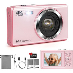 LAMA digitālā kamera, Mini digitālās kameras, 4K 44MP foto kamera, autofokusa kompaktā kamera, 2,4 collu LCD 16X tālummaiņas zibspuldzes digitālā kamera ar 32G karti, 2 baterijas, foto kamera bērniem, pusaudžiem,