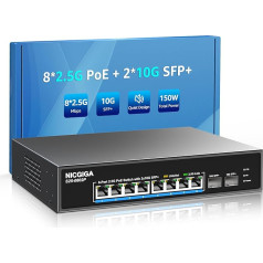 8 portu 2.5G 2.5G PoE komutators bez vadības ar 8 portiem 2.5Gb Base-T PoE+@130W + 2 x 10G SFP+ Uplink, NICGIGA 10 port 2.5Gbe IEEE802.3af/at Power Over Ethernet komutators, atbalsta WiFi6 AP, NAS, 4K PoE kameras NVR.