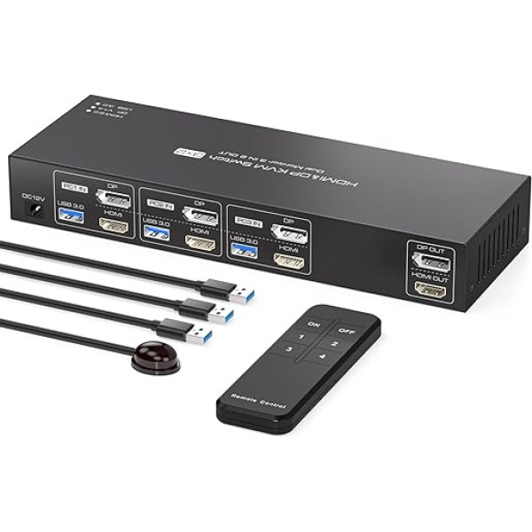 PVBCTCSID KVM Switch 3 PC 2 Monitore Displayport HDMI 4K@60Hz KVM Switch 2 Monitore USB Switch 3 PC DP KVM Swtich für 3 Computers die sich 2 Monitore und 4 USB 3.0 Geräte teilen mit IR-Fernbedienung