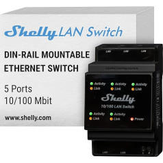 Shelly LAN slēdzis - Ethernet tīkla slēdzis DIN sliedēm (10/100 Mbps) | 5 RJ45 porti | Barošanas avots no 110 V - 230 V | Nav nepieciešami papildu adapteri