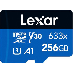 Lexar 633 x 256 GB Micro SD karte, microSDXC UHS-I karte + SD adapteris, lasīšanas ātrums līdz 100 MB/s, Micro SD atmiņas karte ar A1, C10, U3, V30, mobilajam tālrunim/tabletam/uzraudzības kamerai (LMS0633256G-BNAAA)