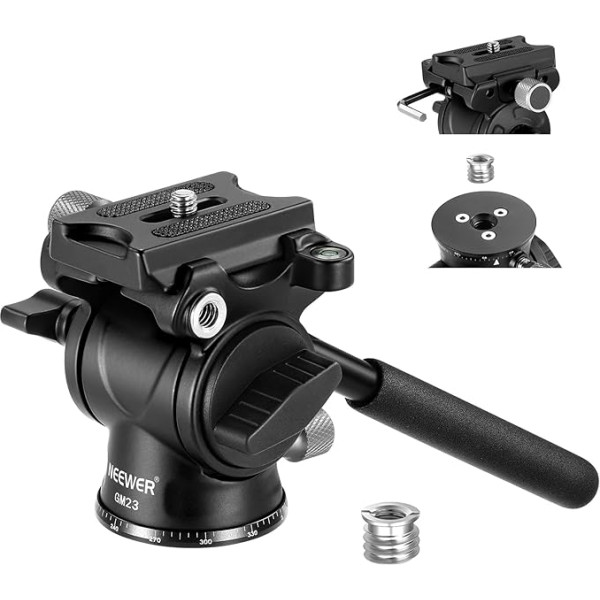 NEEWER Fluid Tripod galva ar rokturi un Arca Quick Release Alumīnija sakausējuma panorāmas panorāmas panorāmas galva ar diametru 43 mm un skalu pamatni kompaktai videokamerai DSLR kamerai Maks. Slodze 3 kg GM23 Silver