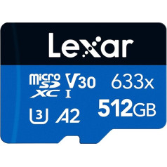 Lexar 633 x 512 GB Micro SD karte, microSDXC UHS-I karte + SD adapteris, lasīšanas ātrums līdz 100 MB/s, Micro SD atmiņas karte ar A2, C10, U3, V30, mobilajam tālrunim/tabletam/uzraudzības kamerai (LMS0633512G-BNAAA)