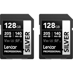 Lexar Silver SD Card 128GB 2-Pack UHS-I SDXC Card 205 MB/s Read Speed, 140 MB/s Write Speed, V30, U3, C10, 4K UHD Video, SD Card Memory Card with Lexar Lifetime Data Recovery