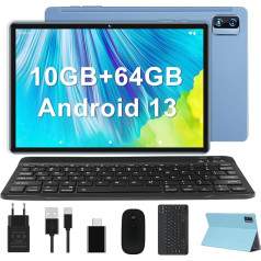 YESTEL Android 13 planšetdators 10 collu 10 GB RAM 64 GB ROM TF 1TB WiFi planšetdators ar korpusu Tastatūra Pele BT5.0 8000mAh 13MP + 5MP kamera Face ID HD planšetdators Slim & Light Glacier Blue