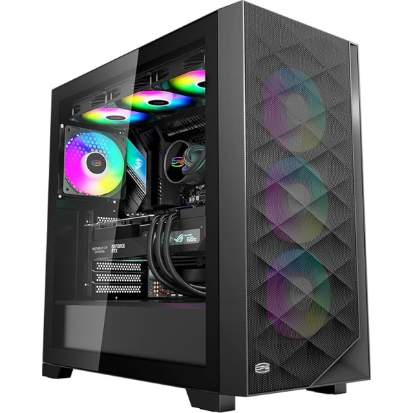 PCCOOLER C3D510 PC-Gehäuse, Mid-Tower Gaming-PC-Gehäuse, ar 3 x 120mm PWM ARGB-Lüftern, sēdeklis no augstas kvalitātes stikla, E-ATX/ATX/MATX/ITX Gehäuse mit hohem Luftstrom, Schwarz