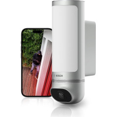 Bosch Smart Home āra kamera II, āra novērošanas kamera, 1080p Full HD izšķirtspēja ar integrētu trauksmes sirēnu un dizaina gaismu, saderīga ar Amazon Alexa, sudraba krāsā