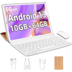 YESTEL planšetdators 10 collu Android 13 ar 10 GB RAM + 64 GB ROM (1 TB paplašināms), 5G Wi-Fi, 8 kodolu CPU, 5MP + 8MP, GPS, Bluetooth 5.0, USB-C planšetdators ar tastatūru + peli + futrāli, zelta krāsā