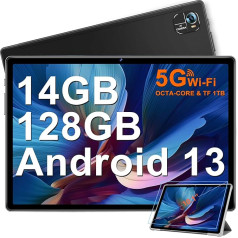 FACETEL Android 13 planšetdators 10 collas ar 5G WiFi Octa-Core 2,0 GHz procesoru Īpaši ātrs planšetdators ar 14 (6+8) GB RAM + 128GB ROM TF 1TB 8000mAh FHD 5MP + 8MP planšetdators ar korpusu, melns