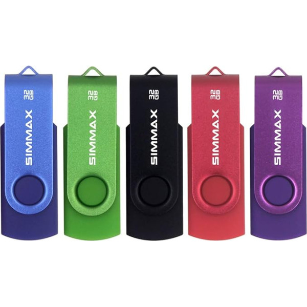 SIMMAX USB zibatmiņas karte 32 GB Memory Stick Swivel Design USB zibatmiņas zibatmiņas (32 GB Blue Green Black Red Purple), 5 gab., iepakojumā