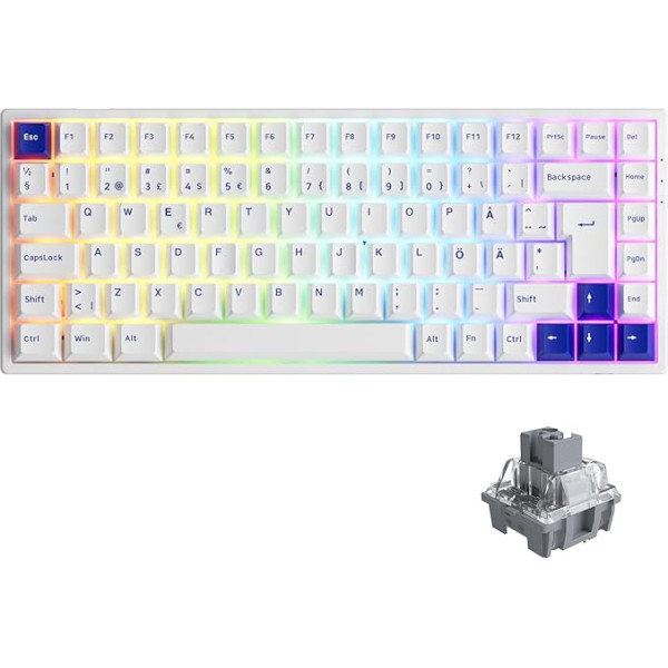 Akko Blue White 3084B Plus RGB mehāniskā spēļu tastatūra, ISO DE/Nordic izkārtojums, 3 režīmi, pārnēsājama bezvadu tastatūra ar lineāro slēdzi, 5 kontaktu karstā nomaiņa, Cherry PBT taustiņu vāciņš, 100% aizsargā pret nevēlamu piekļ