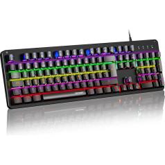 TECKNET KUMARA mehāniskā tastatūra, pilnībā aizsargāta spēļu tastatūra, Rainbow LED, vadu USB tastatūra, 105 taustiņi, alumīnija metāla plāksne ar noņemamu plaukstas balstu spēlētājiem