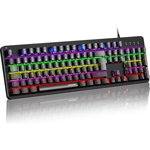 TECKNET KUMARA mehāniskā tastatūra, pilnībā aizsargāta spēļu tastatūra, Rainbow LED, vadu USB tastatūra, 105 taustiņi, alumīnija metāla plāksne ar noņemamu plaukstas balstu spēlētājiem