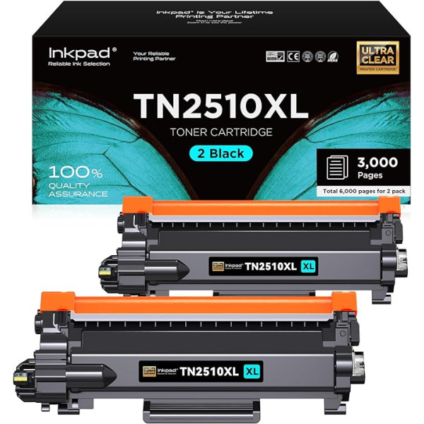 iNKPAD TN-2510XL toneris, suderinamas su Brother TN2510XL, skirtas HL-L2400DW HL-L2445DW DCP-L2660DW DCP-2620DW MFC-L2800DW MFC-L2860DW spausdintuvams (2 juodos spalvos)